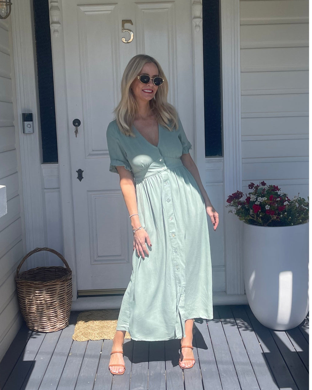 Womens Midi Summer Dress V Neck Button Closure