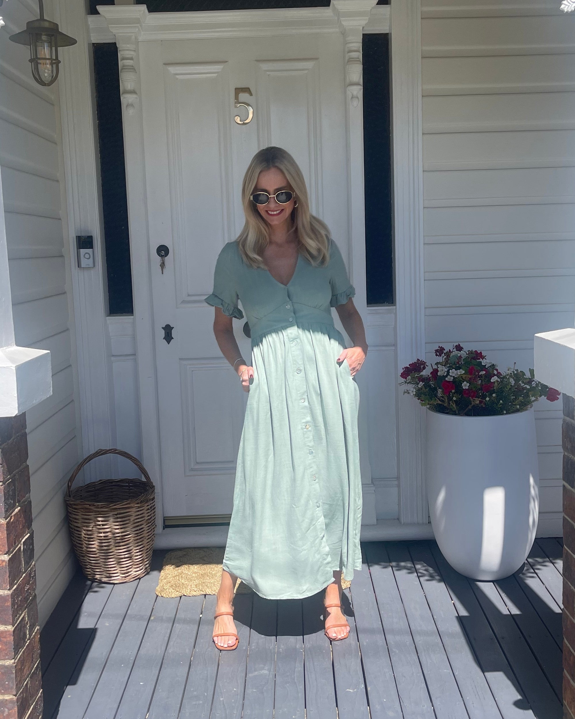 Womens Midi Summer Dress V Neck Button Closure