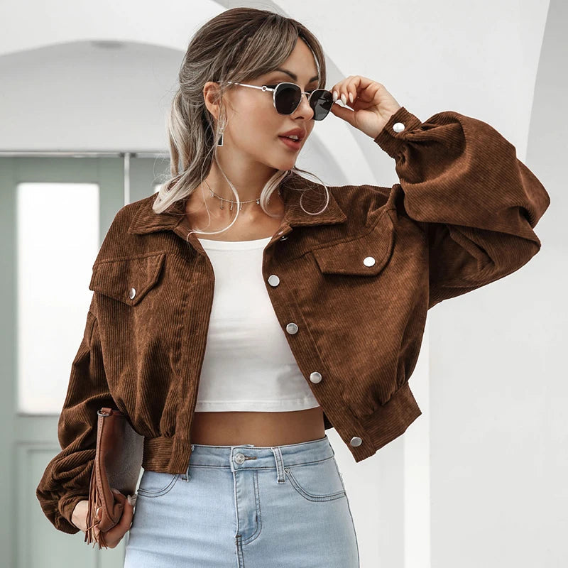 Women's Corduroy Jacket Short Retro Cord Button Up Fall