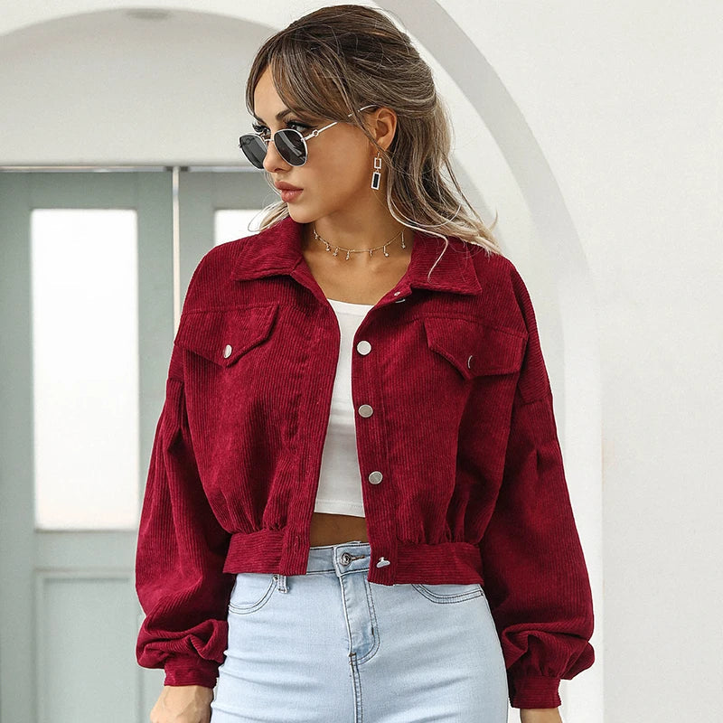 Women's Corduroy Jacket Short Retro Cord Button Up Fall