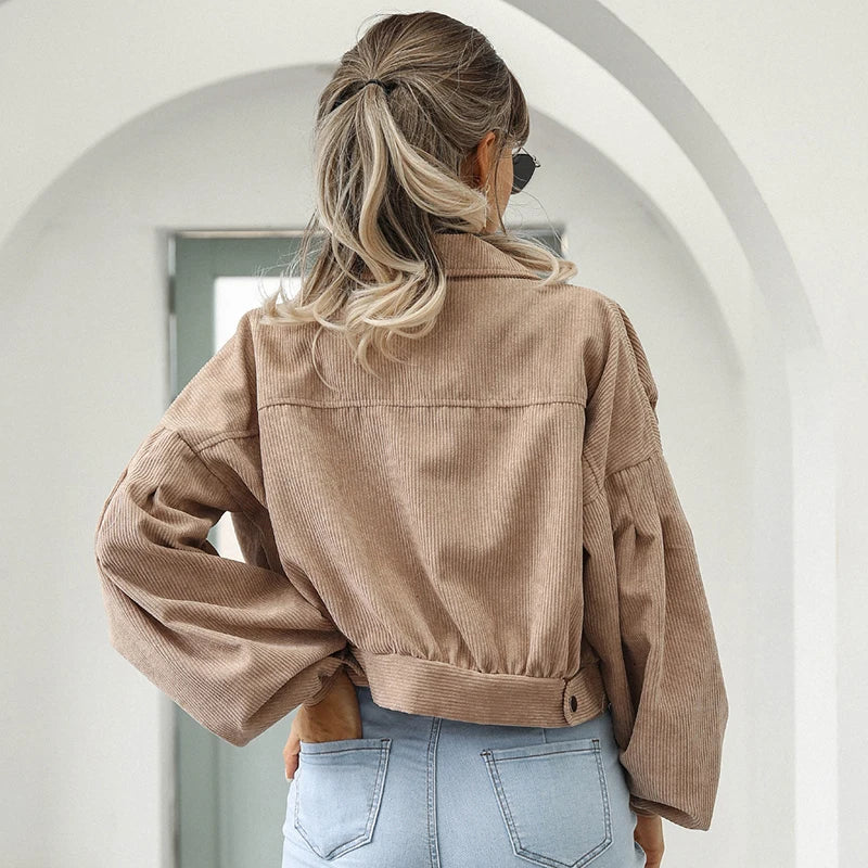 Women's Corduroy Jacket Short Retro Cord Button Up Fall