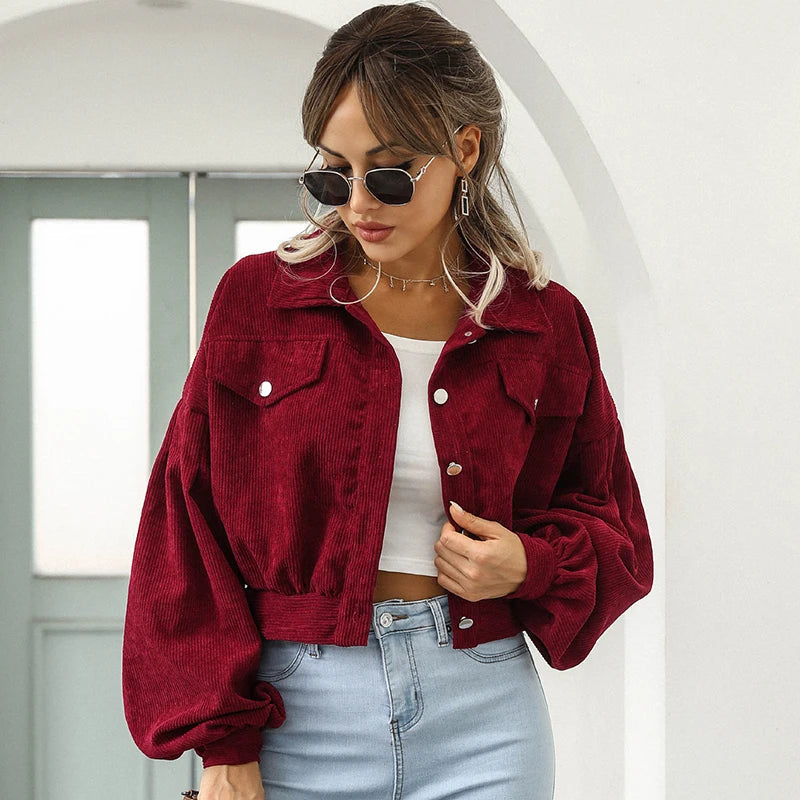 Women's Corduroy Jacket Short Retro Cord Button Up Fall