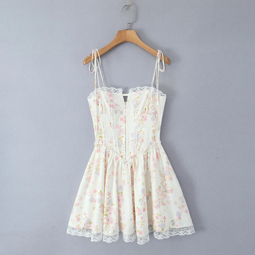 Lace Stitching Tie-Waist Mini Dress