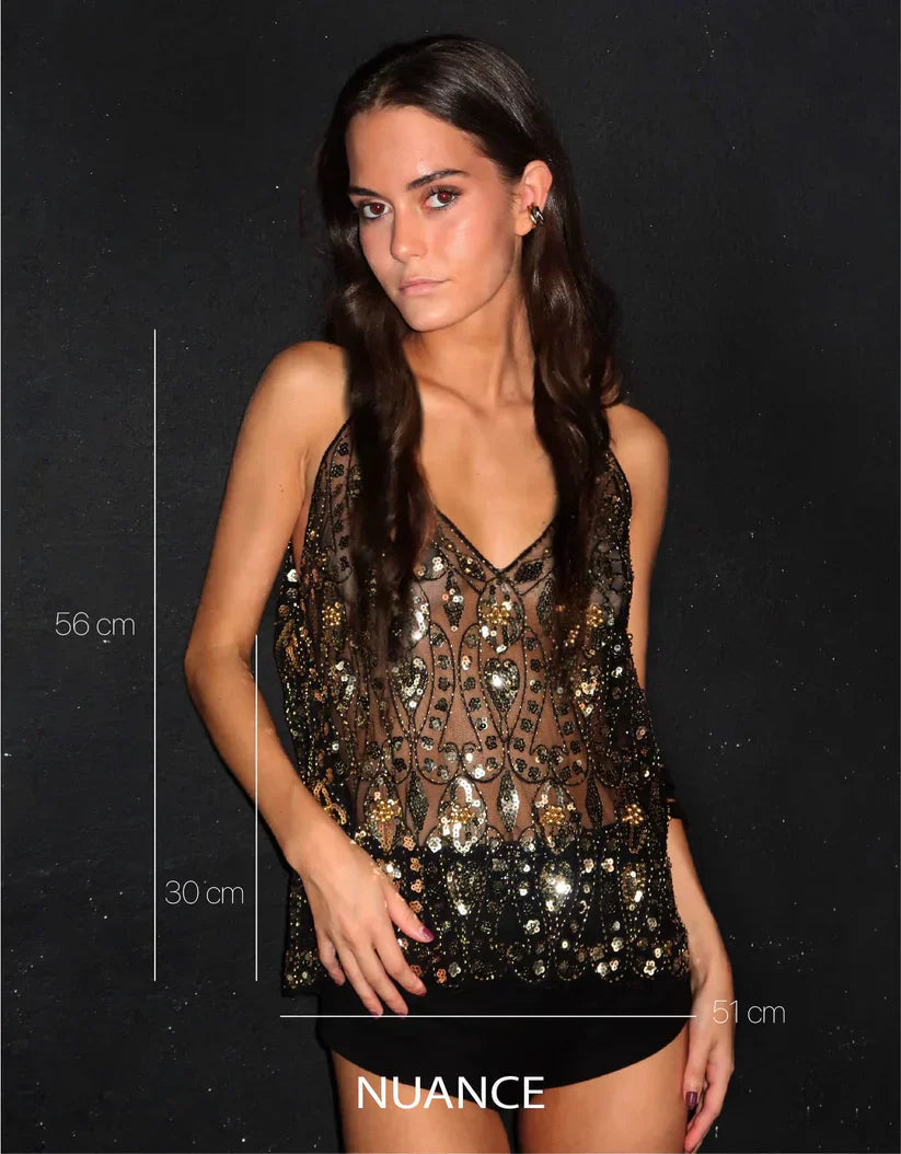 Sequin Bead Party Top with Pearls