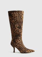Leopard Print Knee High Boots Suede Pointed Toe Mid Heel