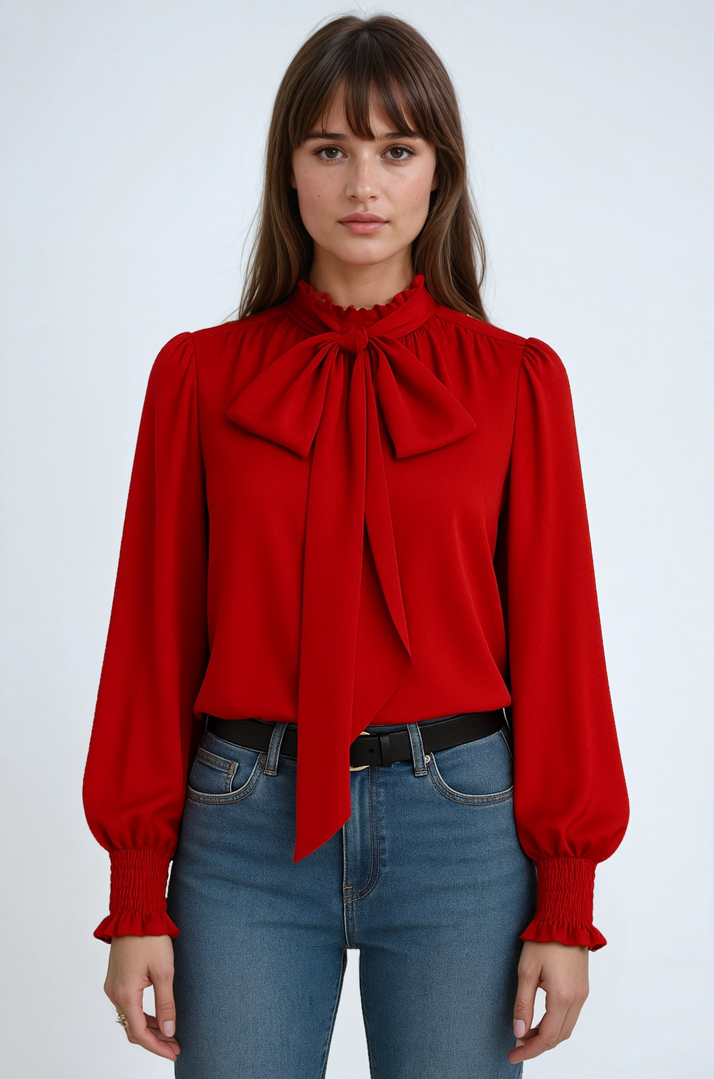 Long Sleeve Blouse with Tie Neck