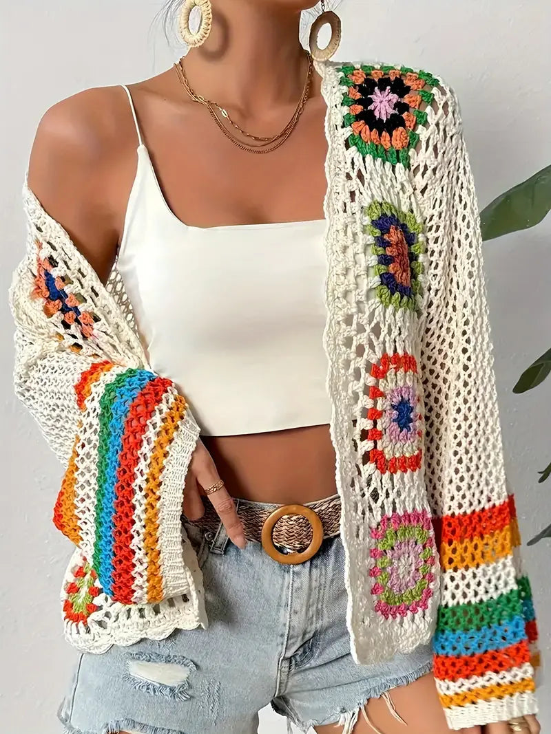 Womens Boho Crochet Cardigan Wide Sleeve Open Front