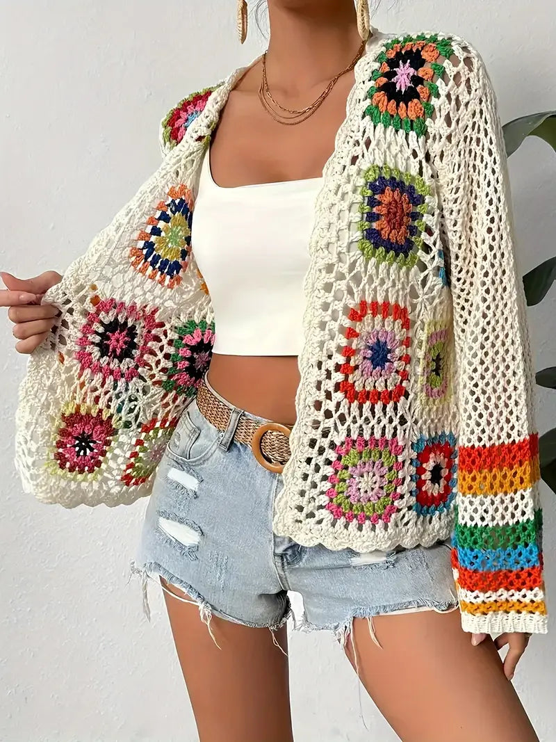 Womens Boho Crochet Cardigan Wide Sleeve Open Front