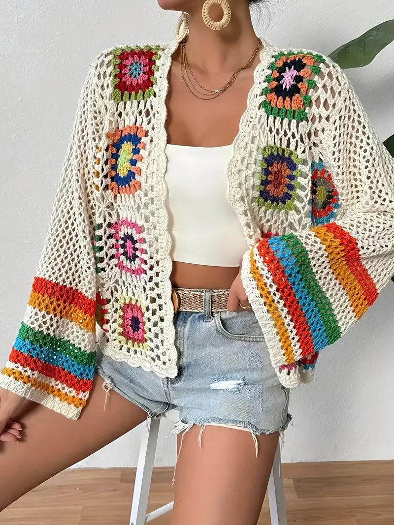 Womens Boho Crochet Cardigan Wide Sleeve Open Front