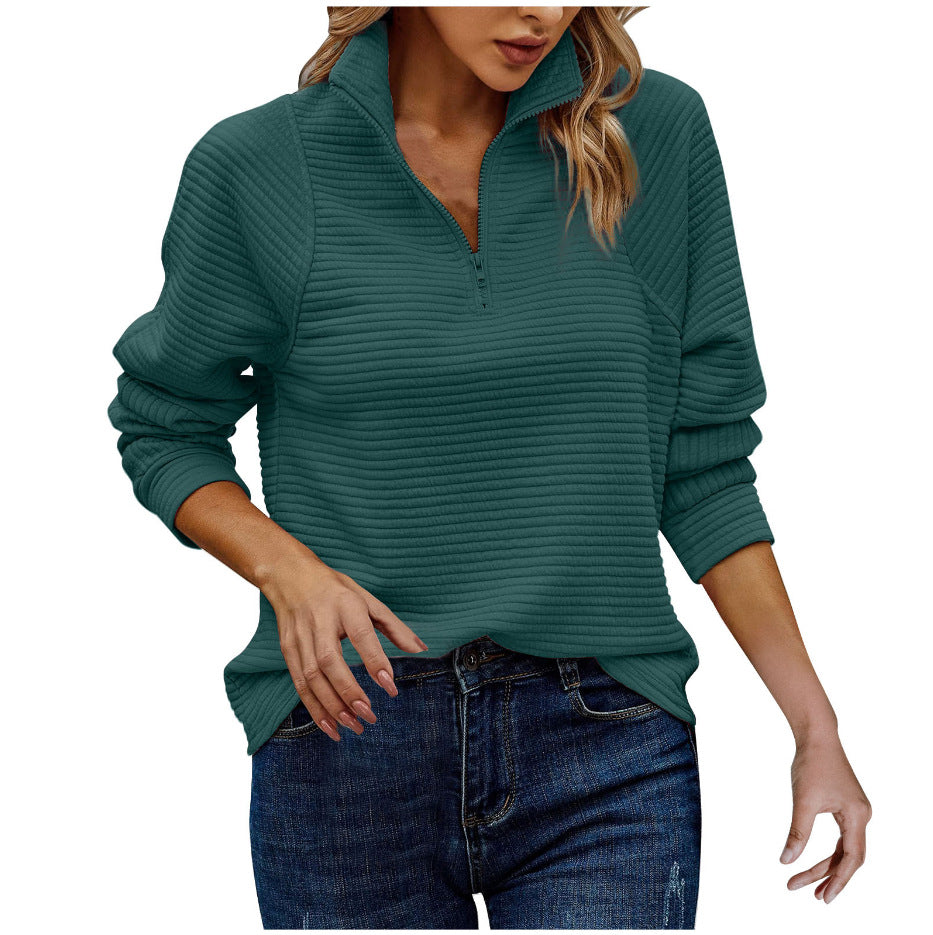 Women's Half Zip Sweater Striped Knit Stand Collar Casual