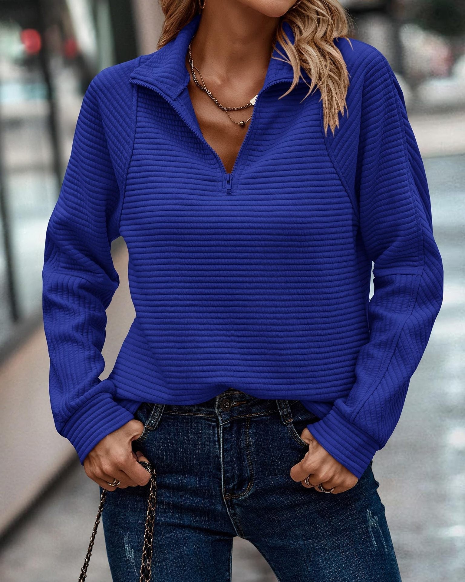 Women's Half Zip Sweater Striped Knit Stand Collar Casual