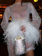 Shimmer Cocktail Mini Dress Long Sleeve Feather Trim