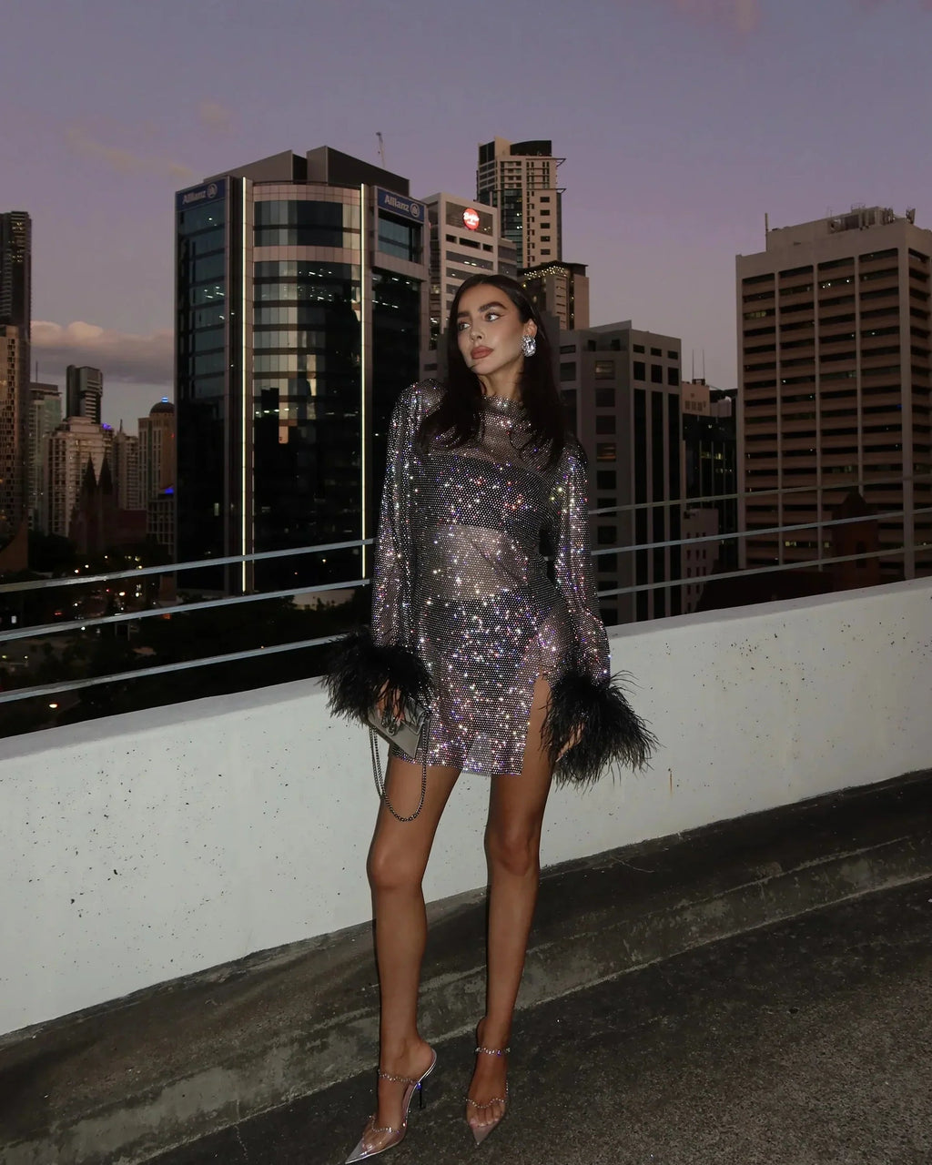 Shimmer Cocktail Mini Dress Long Sleeve Feather Trim