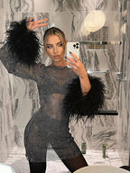 Shimmer Cocktail Mini Dress Long Sleeve Feather Trim