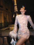 Shimmer Cocktail Mini Dress Long Sleeve Feather Trim