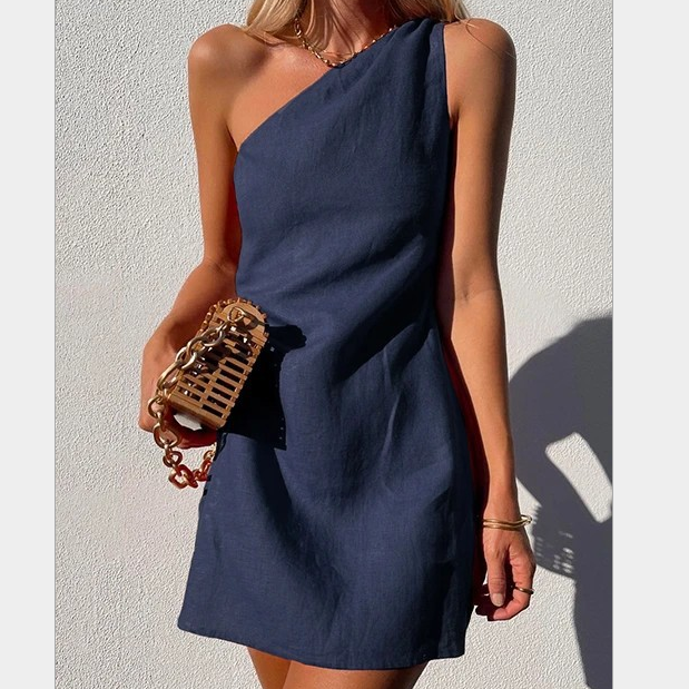 Womens One Shoulder Mini Summer Dress Asymmetric Four Color