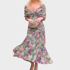 Off Shoulder Dress Ruched Bodice Flowing Skirt