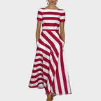 Striped Dress Boat Neck Short Sleeve A-Line Pockets