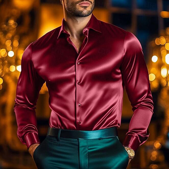 Mens Long Sleeve Silk Shirt Fitted