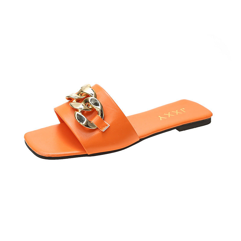 Strappy Slide Sandals Chain Detail