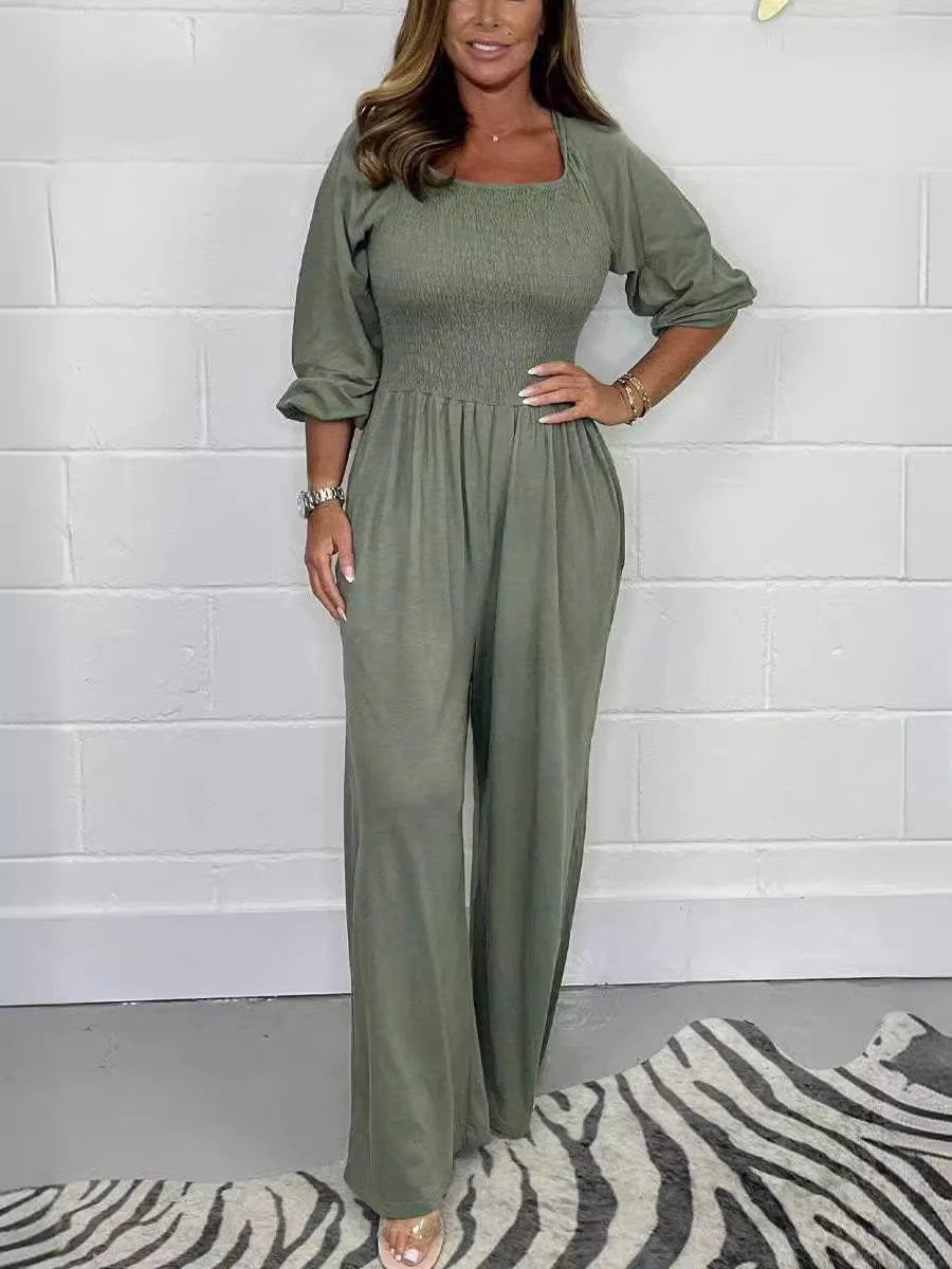 Womens Smock Jumpsuit Long Sleeve Wide Leg Five Color
