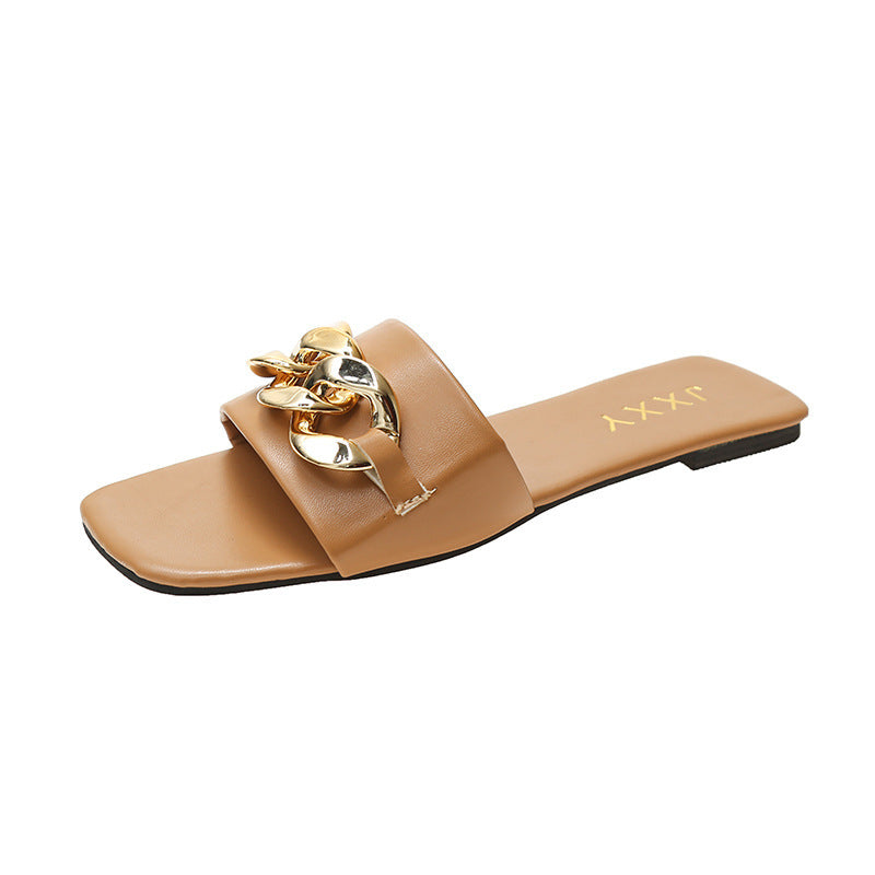Strappy Slide Sandals Chain Detail