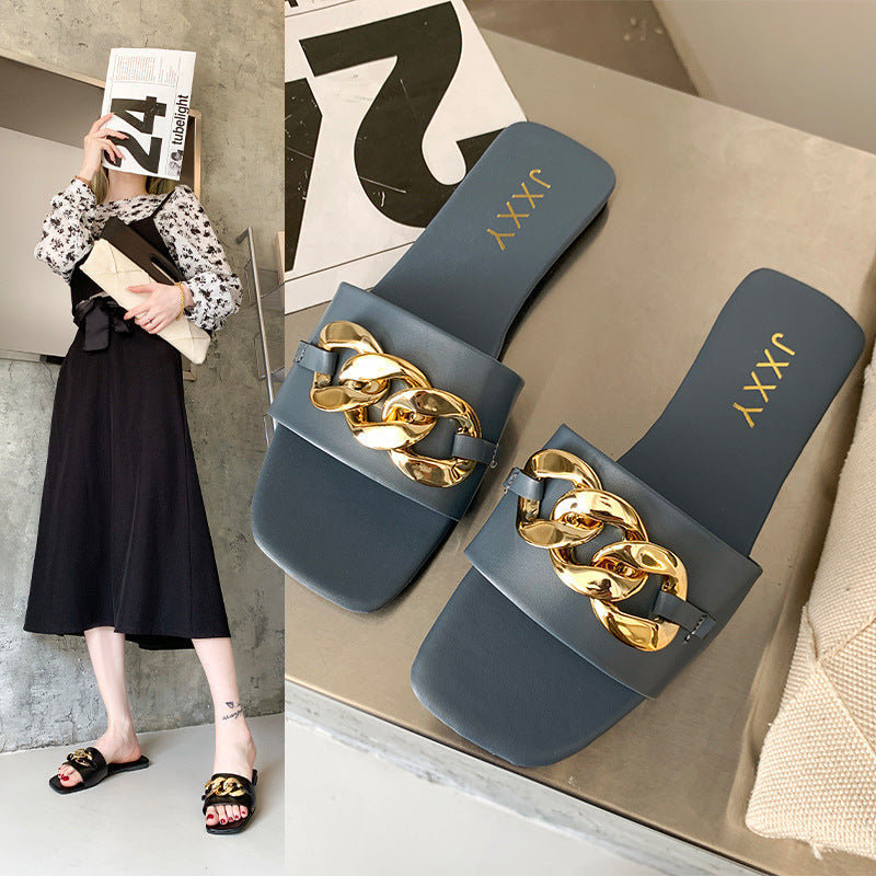 Strappy Slide Sandals Chain Detail