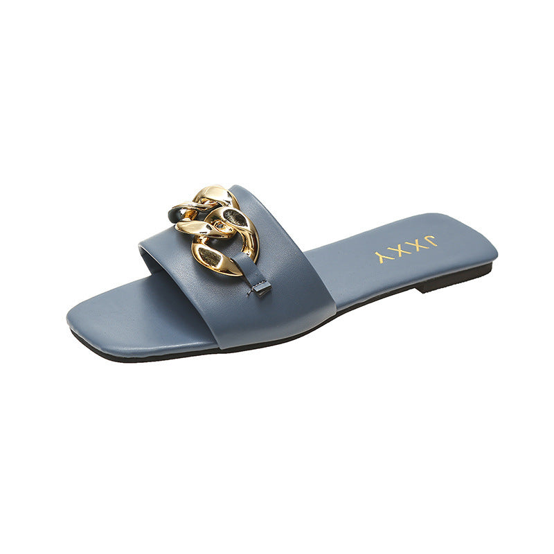 Strappy Slide Sandals Chain Detail