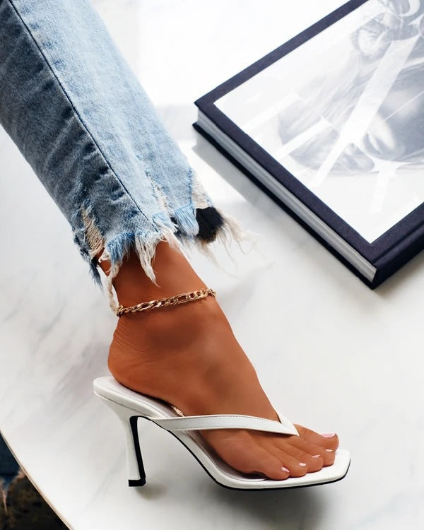 High Heel Thong Sandals Chain Detail