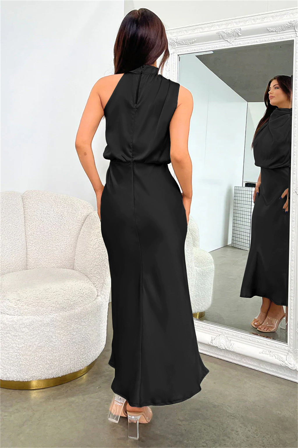 Womens Satin Halter Midi Dress