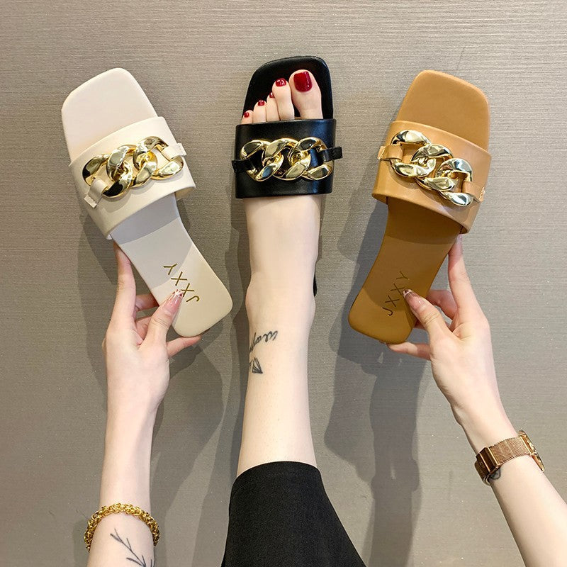 Strappy Slide Sandals Chain Detail
