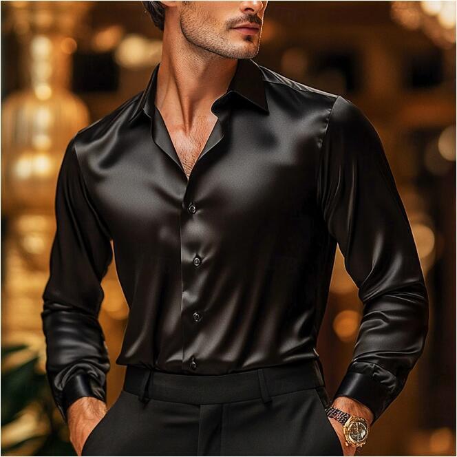 Mens Long Sleeve Silk Shirt Fitted