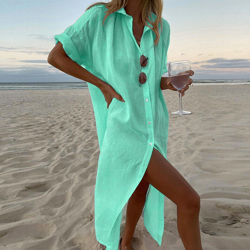 Womens Linen Beach Dress Button