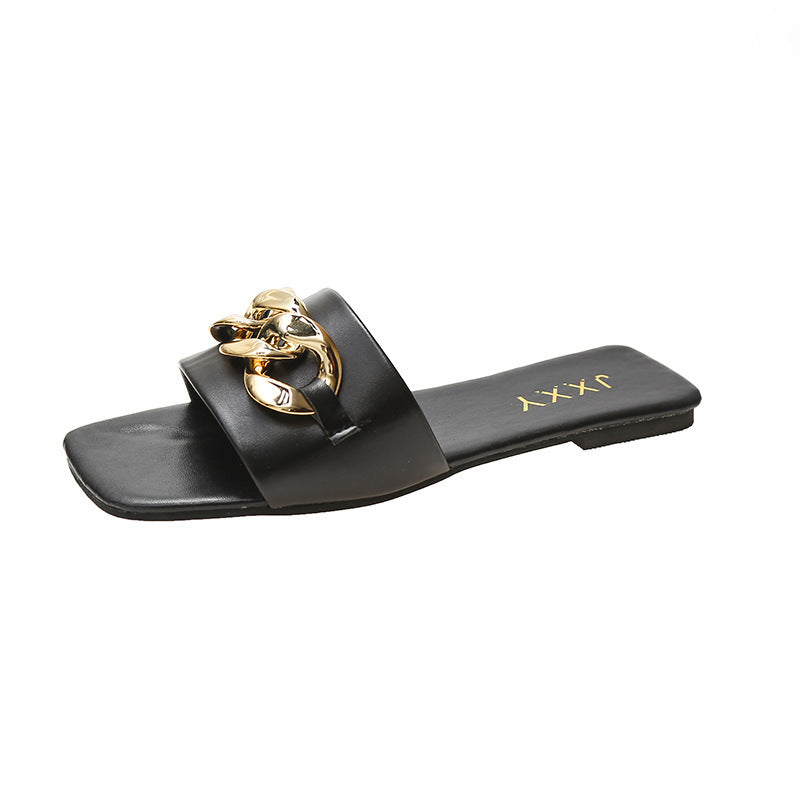 Strappy Slide Sandals Chain Detail