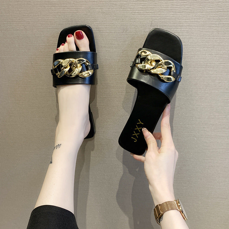Strappy Slide Sandals Chain Detail