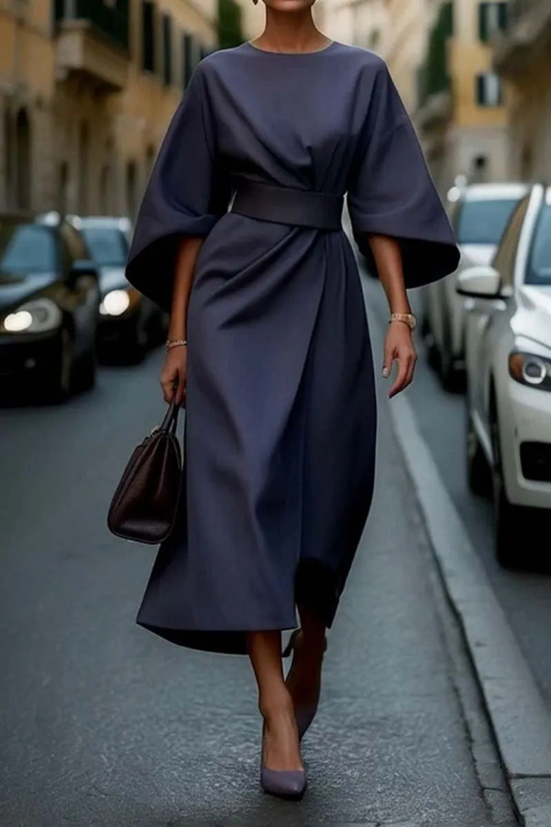 Womens Wide Sleeve Midi Dress Belted