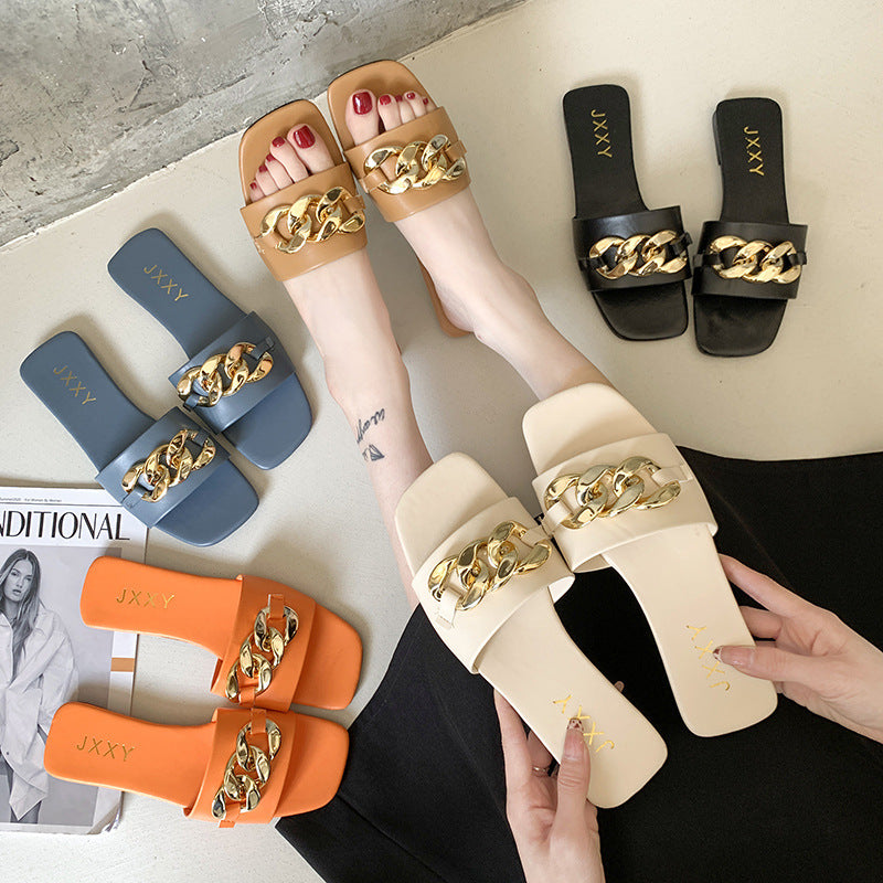 Strappy Slide Sandals Chain Detail