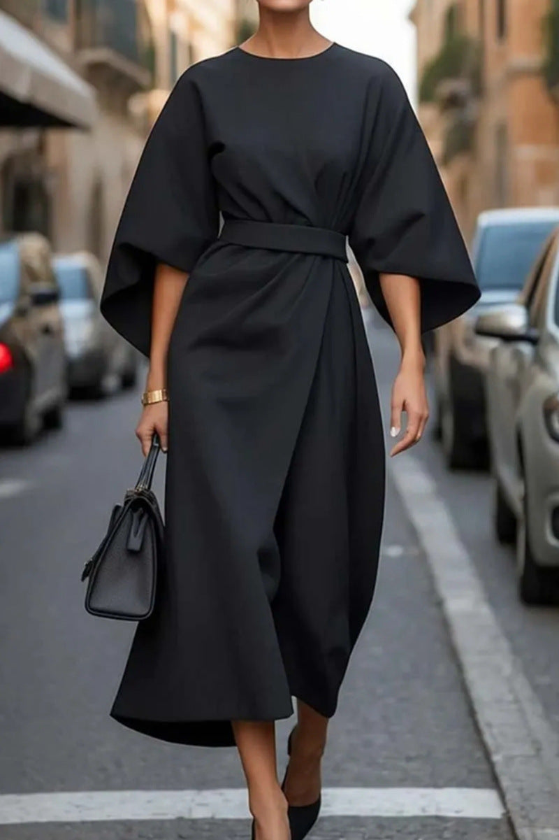 Womens Wide Sleeve Midi Dress Belted