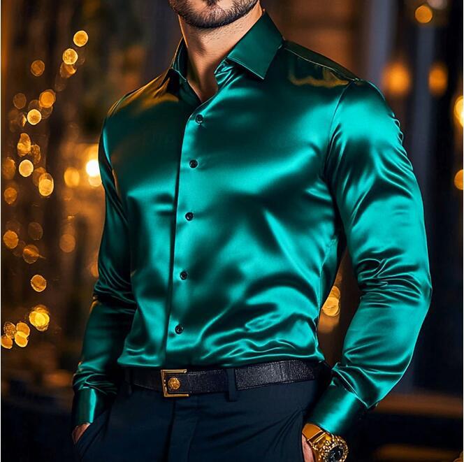 Mens Long Sleeve Silk Shirt Fitted