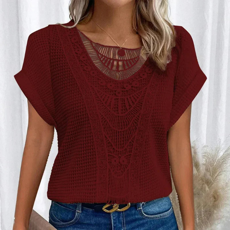 Round Neck Top Lace Trim Short Sleeve
