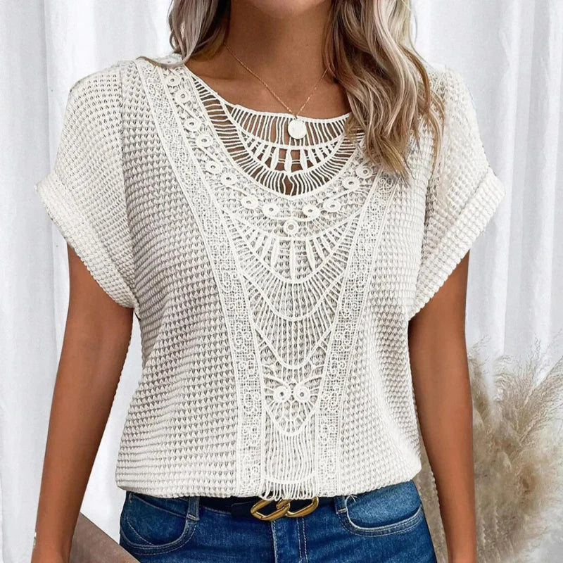 Round Neck Top Lace Trim Short Sleeve