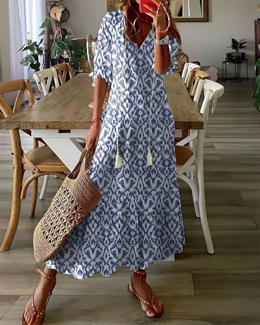 Boho Printed V-Neck Maxi Dress Flowing