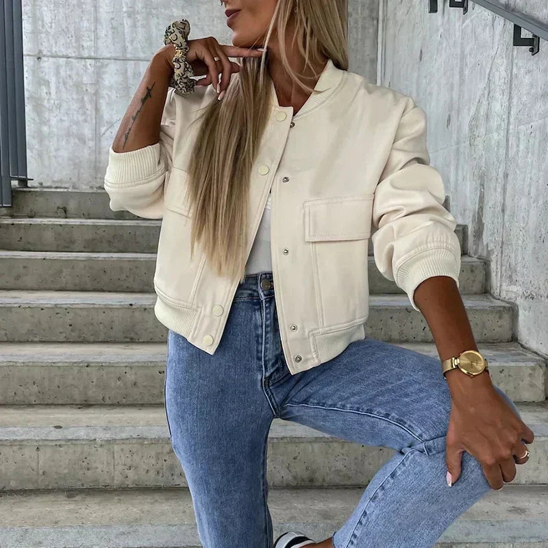 Women's Bomber Jacket Short Flap Pockets Snap Button Urban