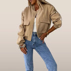 Women's Bomber Jacket Short Flap Pockets Snap Button Urban