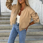Women's Bomber Jacket Short Flap Pockets Snap Button Urban