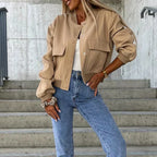 Women's Bomber Jacket Short Flap Pockets Snap Button Urban