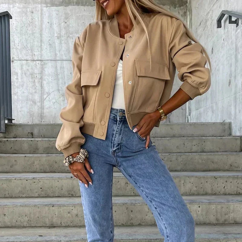 Women's Bomber Jacket Short Flap Pockets Snap Button Urban