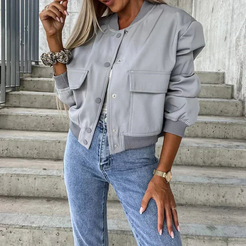 Women's Bomber Jacket Short Flap Pockets Snap Button Urban
