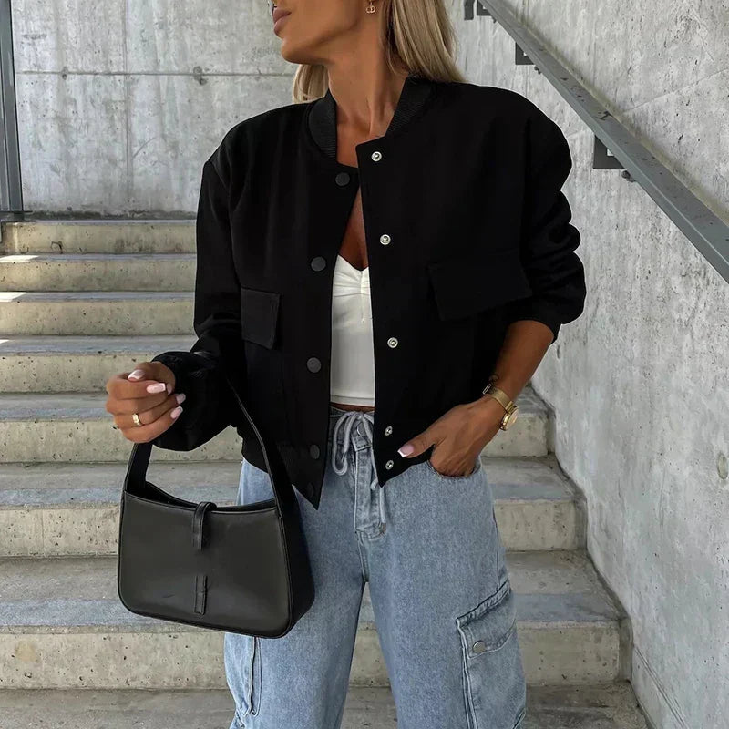 Women's Bomber Jacket Short Flap Pockets Snap Button Urban