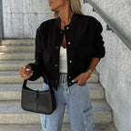 Women's Bomber Jacket Short Flap Pockets Snap Button Urban